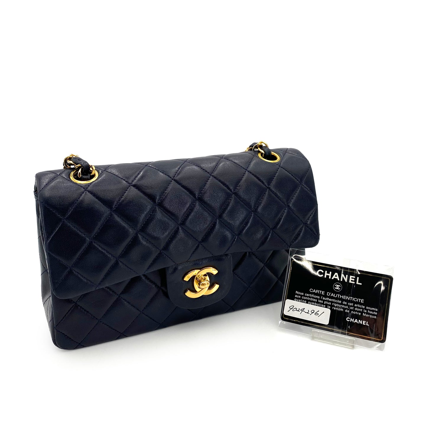 CHANEL VINTAGE CLASSIC FLAP SMALL CHAIN SHOULDER BAG NAVY LAMB SKIN 90242961