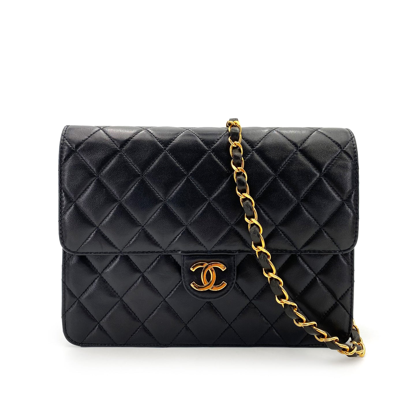 CHANEL VINTAGE MATELASSE PUSH LOCK CHAIN SHOULDER BAG BLACK LAMB SKIN 90242967