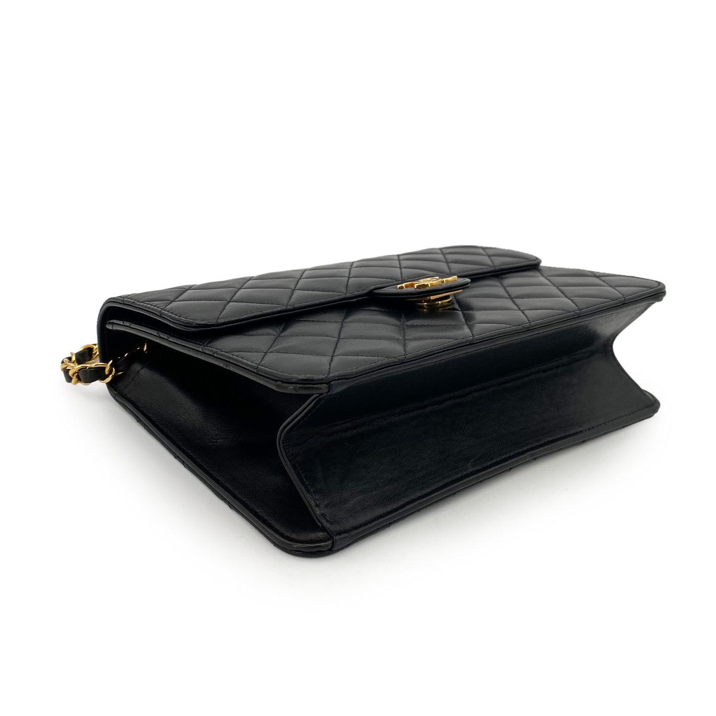 CHANEL VINTAGE MATELASSE PUSH LOCK CHAIN SHOULDER BAG BLACK LAMB SKIN 90242967
