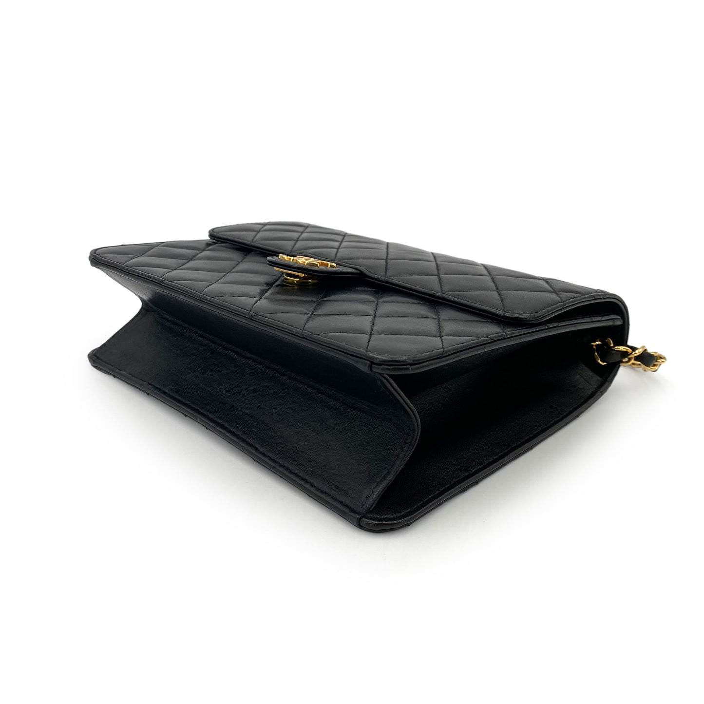 CHANEL VINTAGE MATELASSE PUSH LOCK CHAIN SHOULDER BAG BLACK LAMB SKIN 90242967