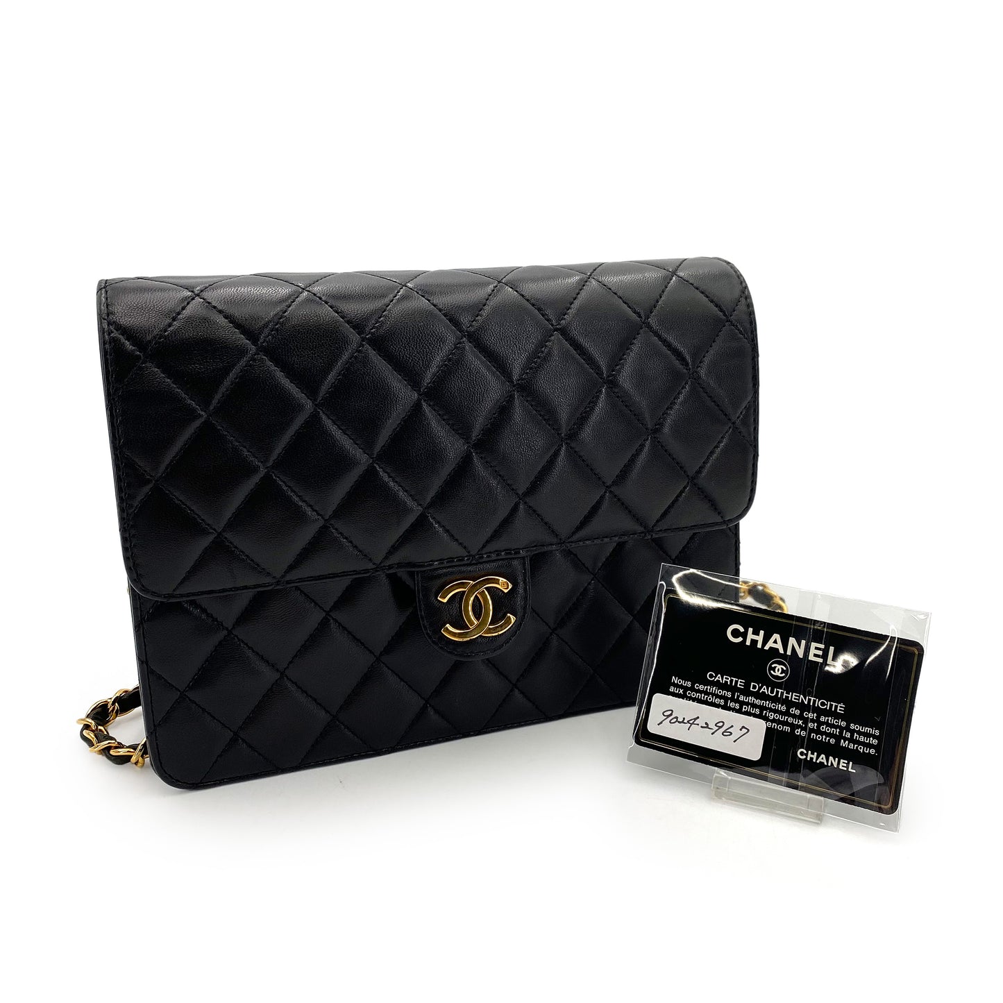 CHANEL VINTAGE MATELASSE PUSH LOCK CHAIN SHOULDER BAG BLACK LAMB SKIN 90242967