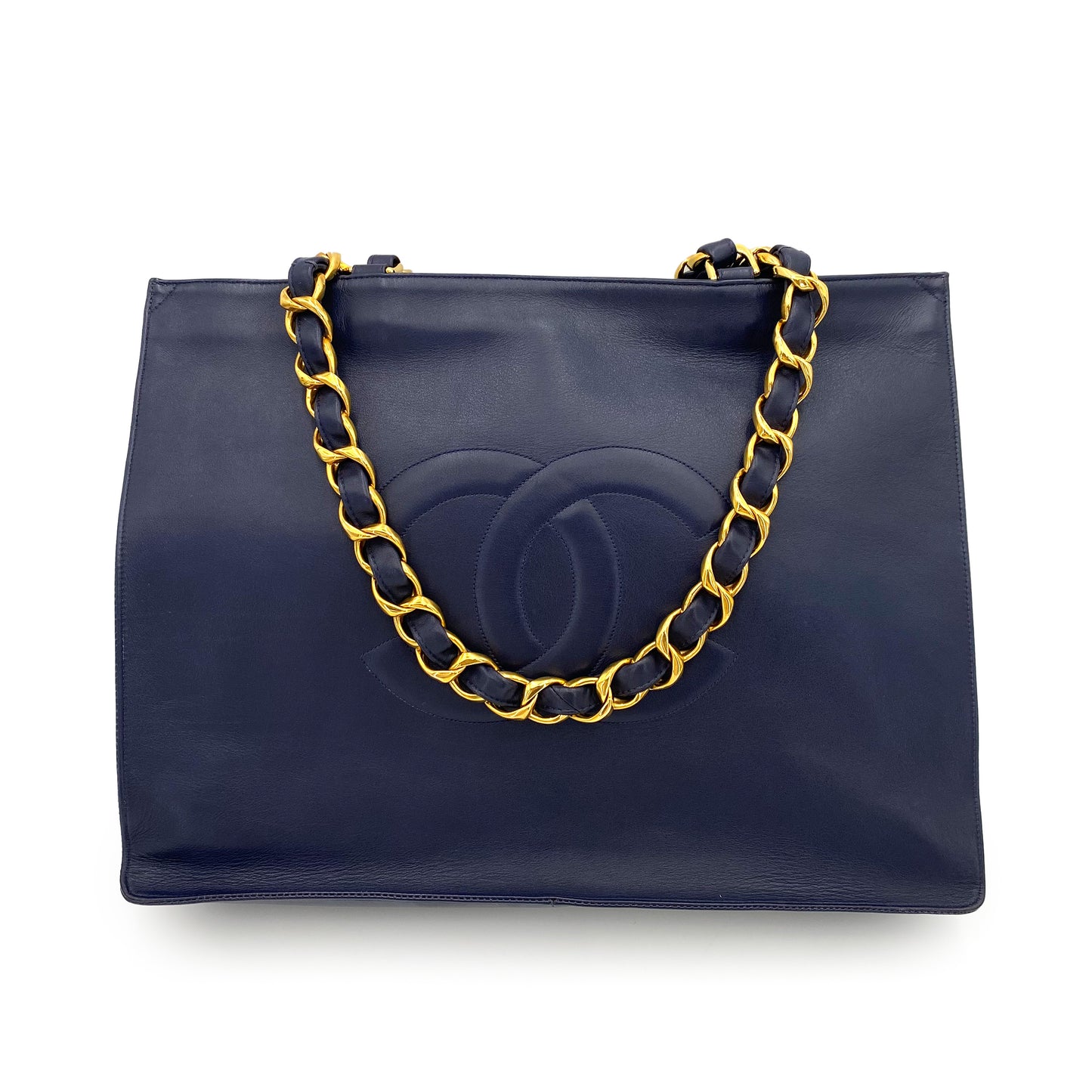 CHANEL VINTAGE BIG COCO CHAIN TOTE BAG NAVY LAMB SKIN 90242968
