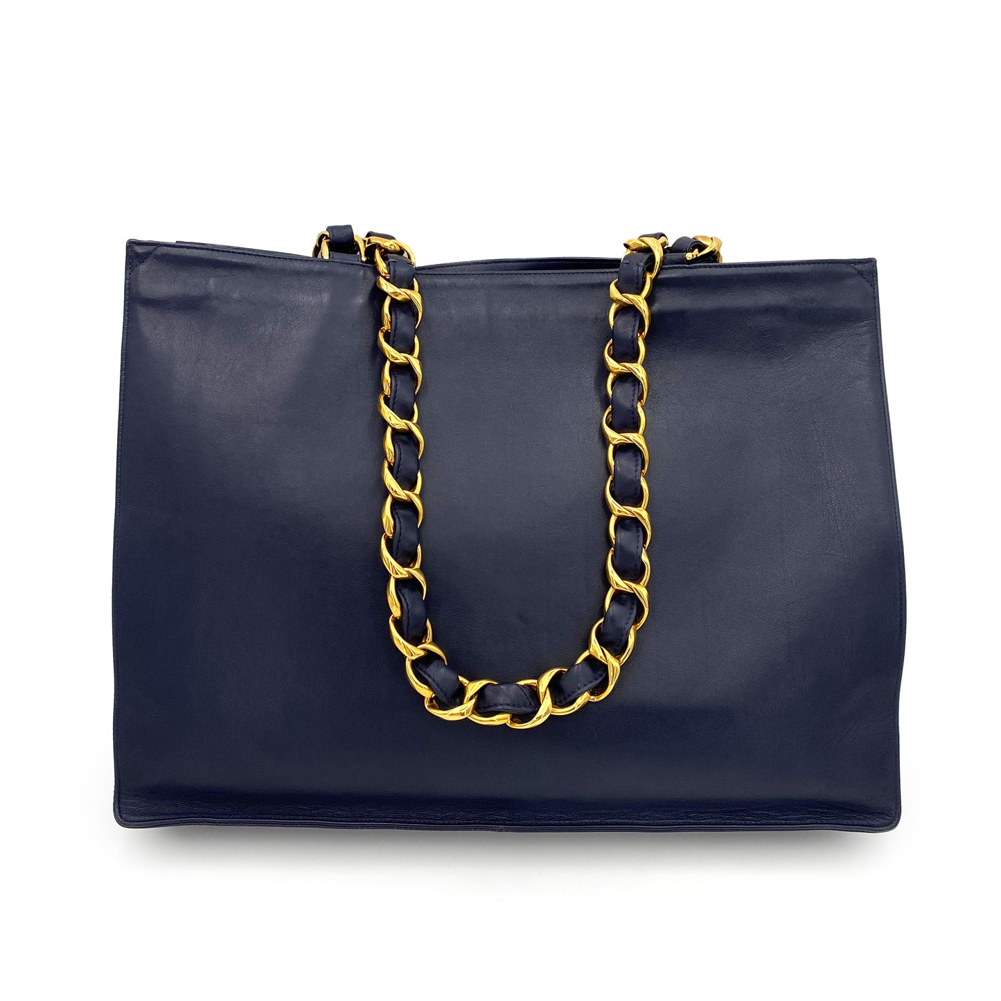 CHANEL VINTAGE BIG COCO CHAIN TOTE BAG NAVY LAMB SKIN 90242968