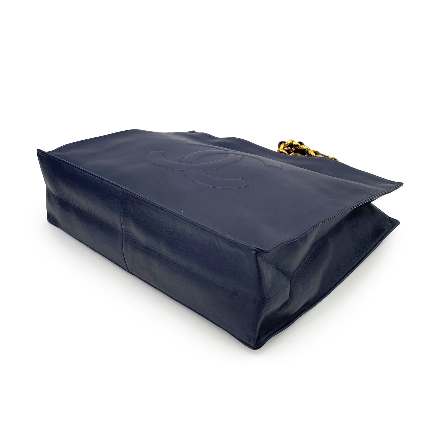 CHANEL VINTAGE BIG COCO CHAIN TOTE BAG NAVY LAMB SKIN 90242968
