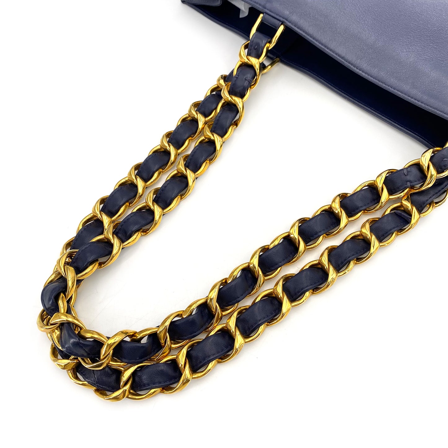 CHANEL VINTAGE BIG COCO CHAIN TOTE BAG NAVY LAMB SKIN 90242968