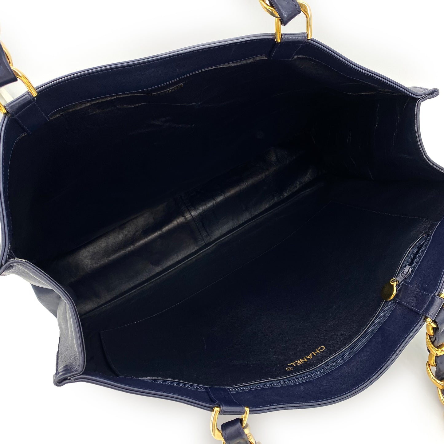 CHANEL VINTAGE BIG COCO CHAIN TOTE BAG NAVY LAMB SKIN 90242968