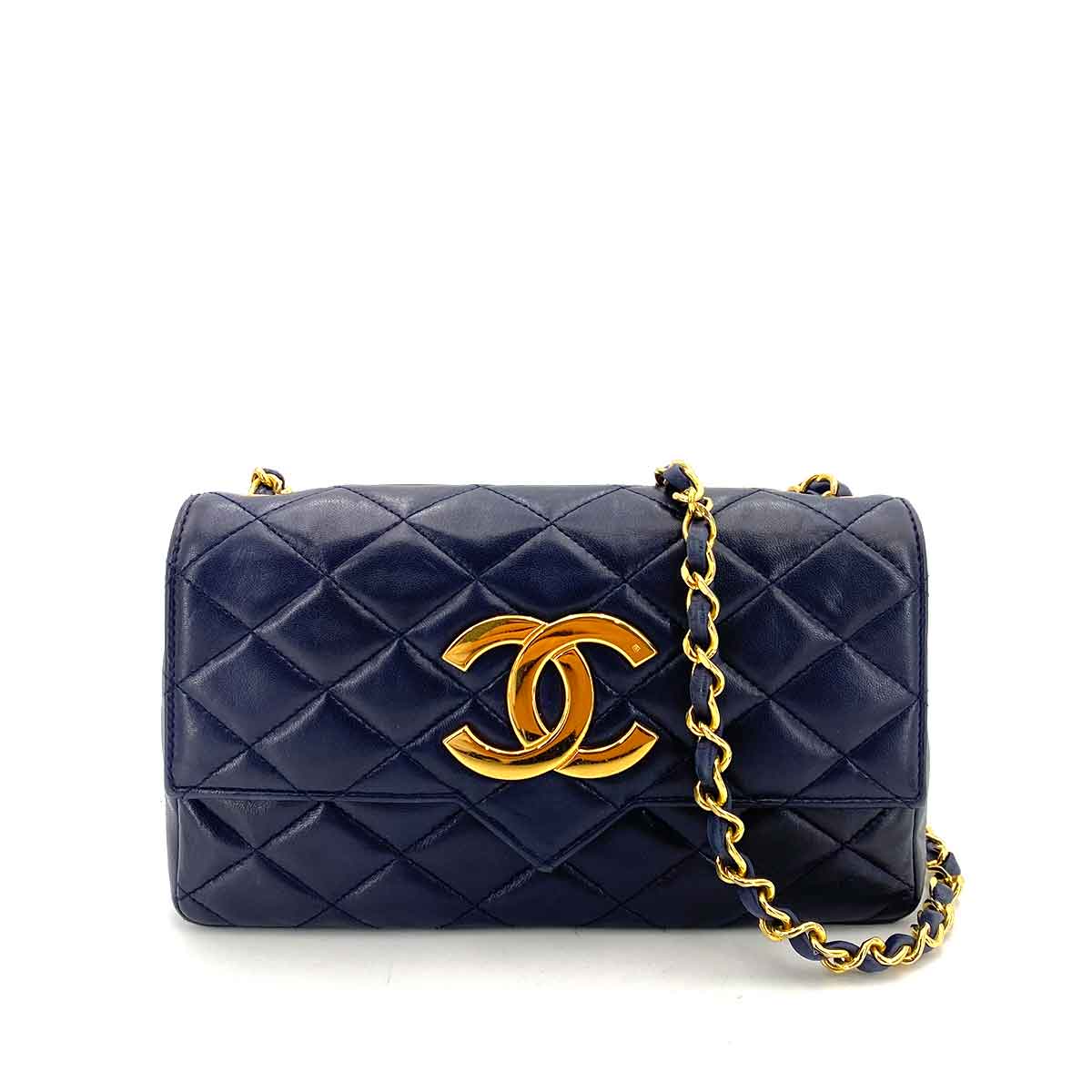 CHANEL VINTAGE BIG COCO MATELASSE CHAIN SHOULDER BAG NAVY LAMB SKIN 90242971
