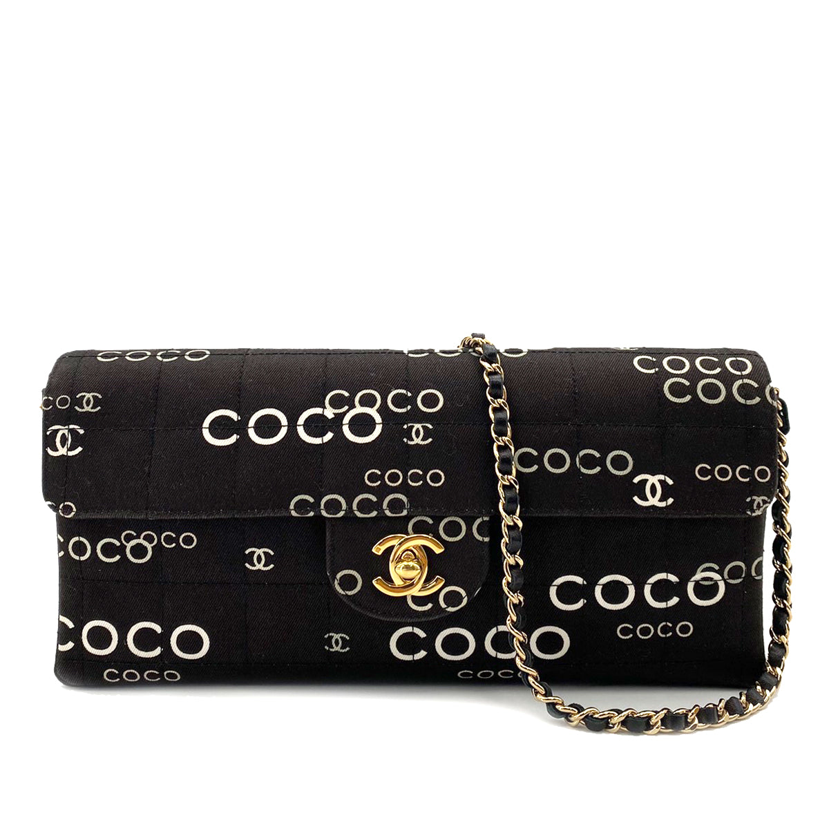 CHANEL VINTAGE CHOCOLATE BAR COCO PRINT CHAIN SHOULDER BAG BLACK CANVAS 90242974