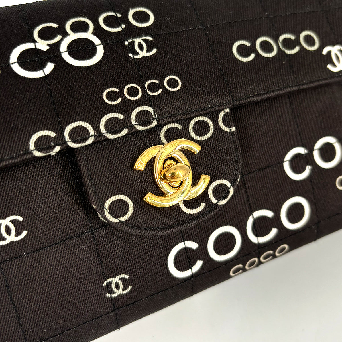 CHANEL VINTAGE CHOCOLATE BAR COCO PRINT CHAIN SHOULDER BAG BLACK CANVAS 90242974