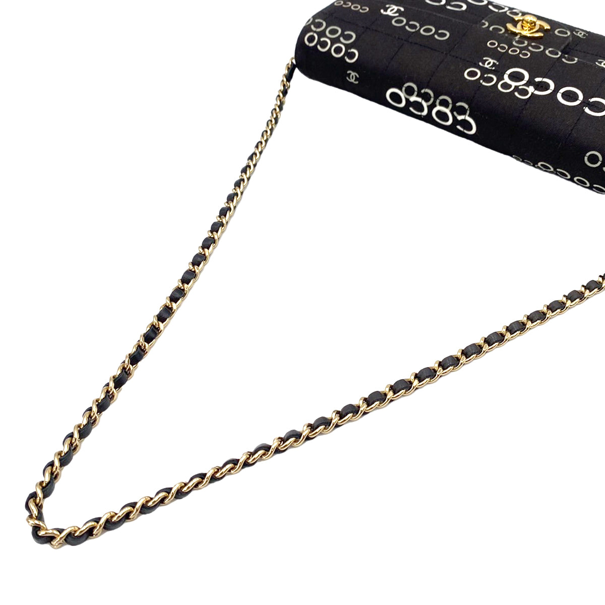 CHANEL VINTAGE CHOCOLATE BAR COCO PRINT CHAIN SHOULDER BAG BLACK CANVAS 90242974