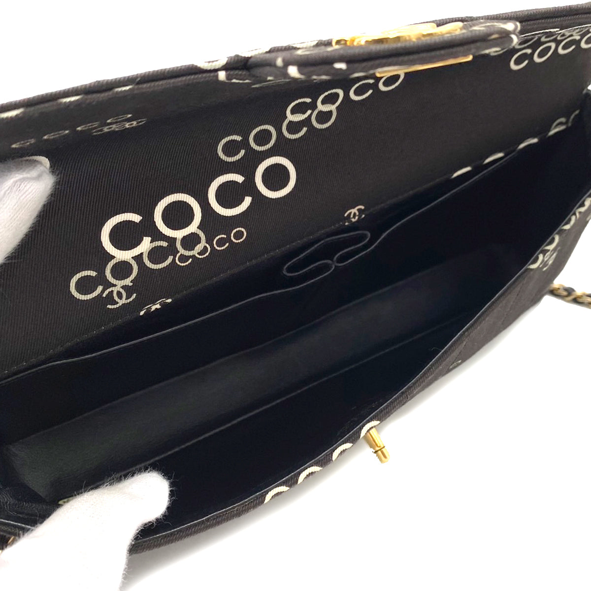 CHANEL VINTAGE CHOCOLATE BAR COCO PRINT CHAIN SHOULDER BAG BLACK CANVAS 90242974