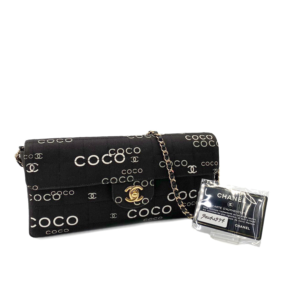CHANEL VINTAGE CHOCOLATE BAR COCO PRINT CHAIN SHOULDER BAG BLACK CANVAS 90242974