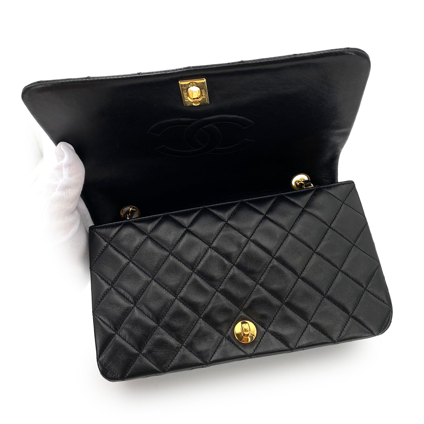 CHANEL VINTAGE FULL FLAP CHAIN SHOULDER BAG BLACK LAMB SKIN 90242976