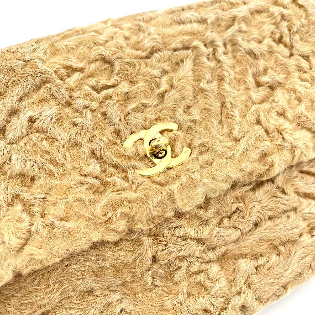 CHANEL VINTAGE CHAIN SHOULDER BAG BEIGE FUR 90242665