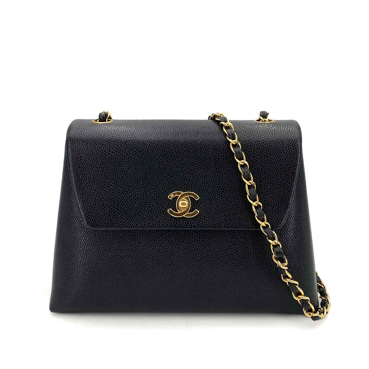 CHANEL VINTAGE TRAPEZOID CHAIN SHOULDER BAG BLACK CAVIAR SKIN 90243200