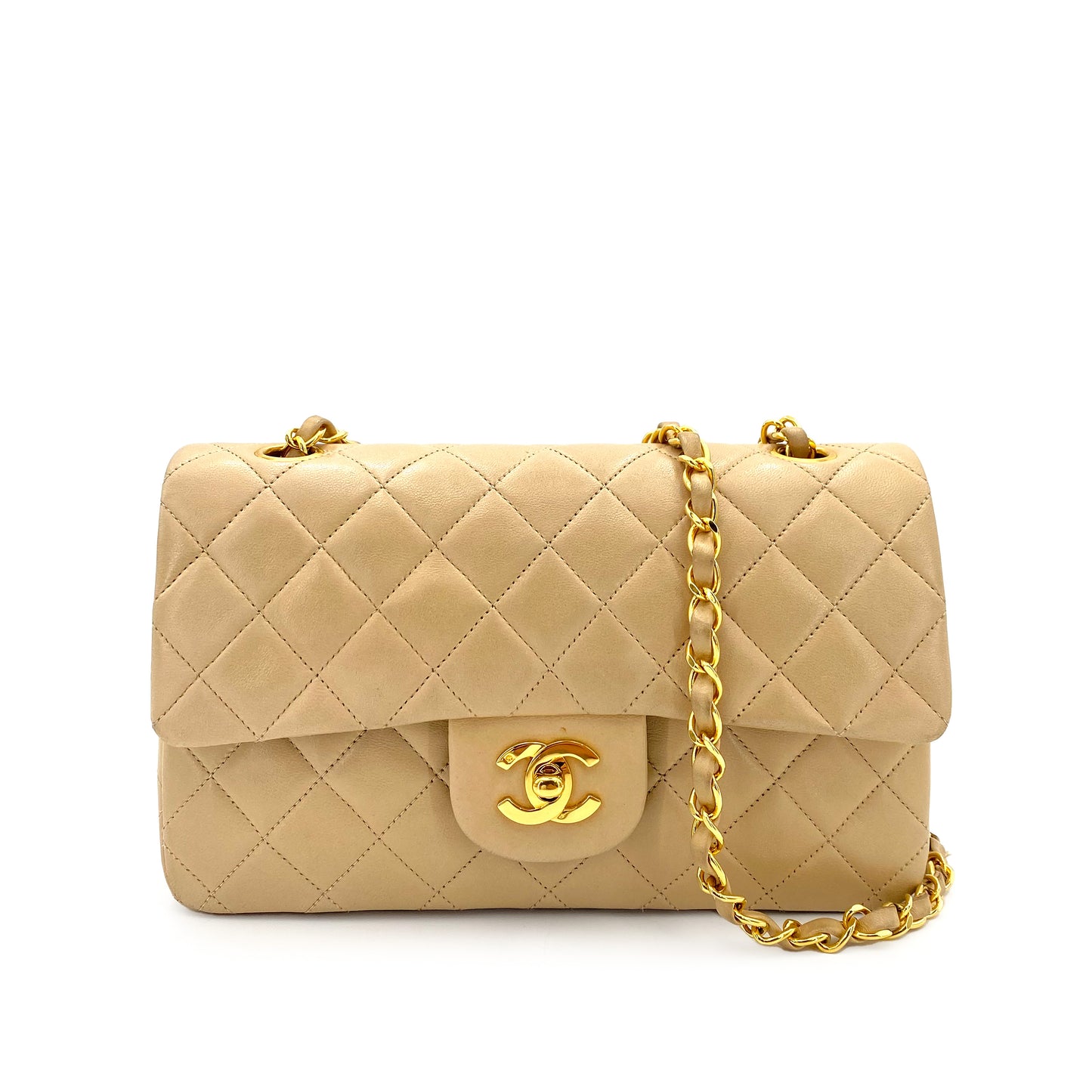 CHANEL VINTAGE CLASSIC FLAP SMALL CHAIN SHOULDER BAG BEIGE LAMB SKIN 90243204