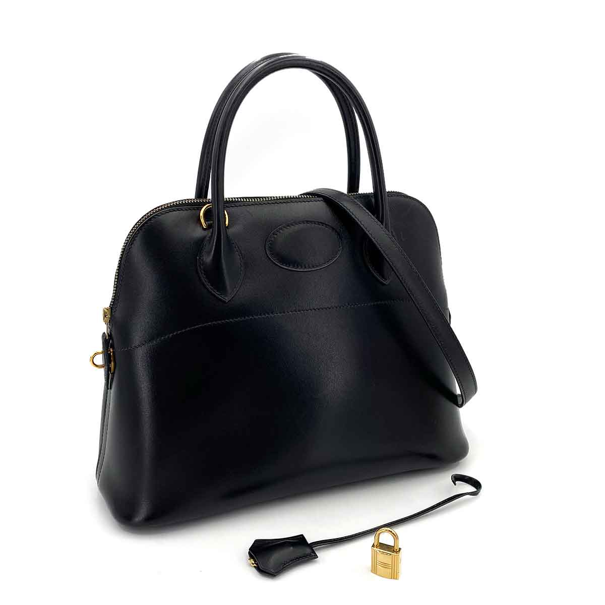 HERMES BOLIDE 31 BLACK BOXCALF HAND SHOULDER BAG □F 90243212