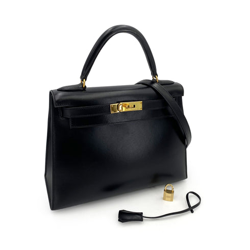 HERMES KELLY 28 SELLIER BLACK BOXCALF HAND SHOULDER BAG 〇Z 90243214 - PURPOSE