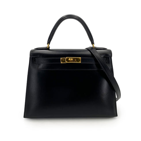 HERMES KELLY 28 SELLIER BLACK BOXCALF HAND SHOULDER BAG 〇Z 90243214 - PURPOSE