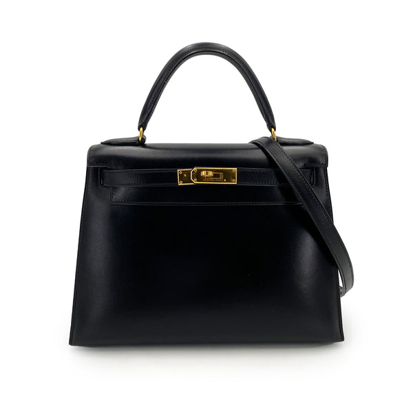 HERMES KELLY 28 SELLIER BLACK BOXCALF HAND SHOULDER BAG 〇Z 90243214 - PURPOSE