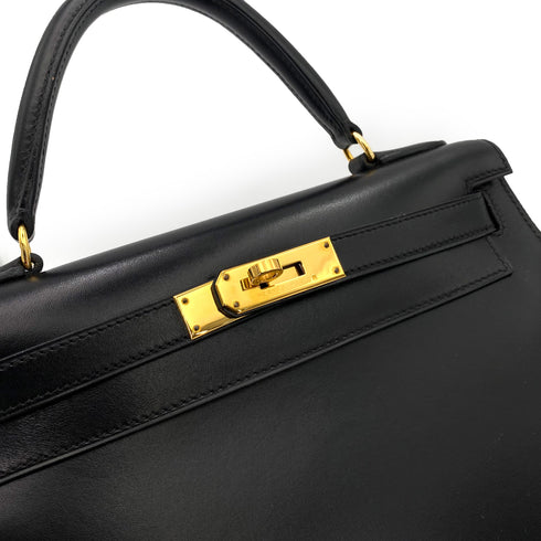 HERMES KELLY 28 SELLIER BLACK BOXCALF HAND SHOULDER BAG 〇Z 90243214 - PURPOSE