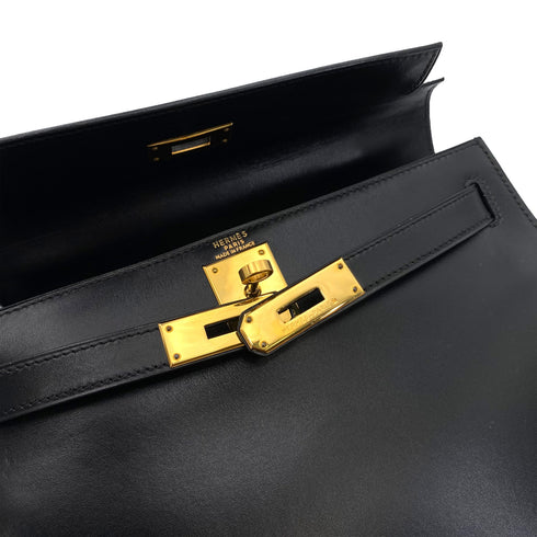 HERMES KELLY 28 SELLIER BLACK BOXCALF HAND SHOULDER BAG 〇Z 90243214 - PURPOSE