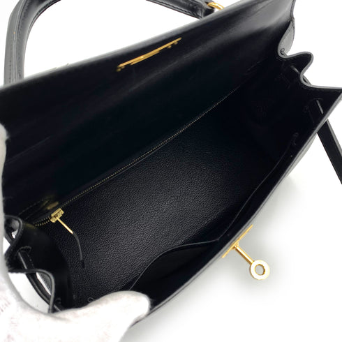 HERMES KELLY 28 SELLIER BLACK BOXCALF HAND SHOULDER BAG 〇Z 90243214 - PURPOSE