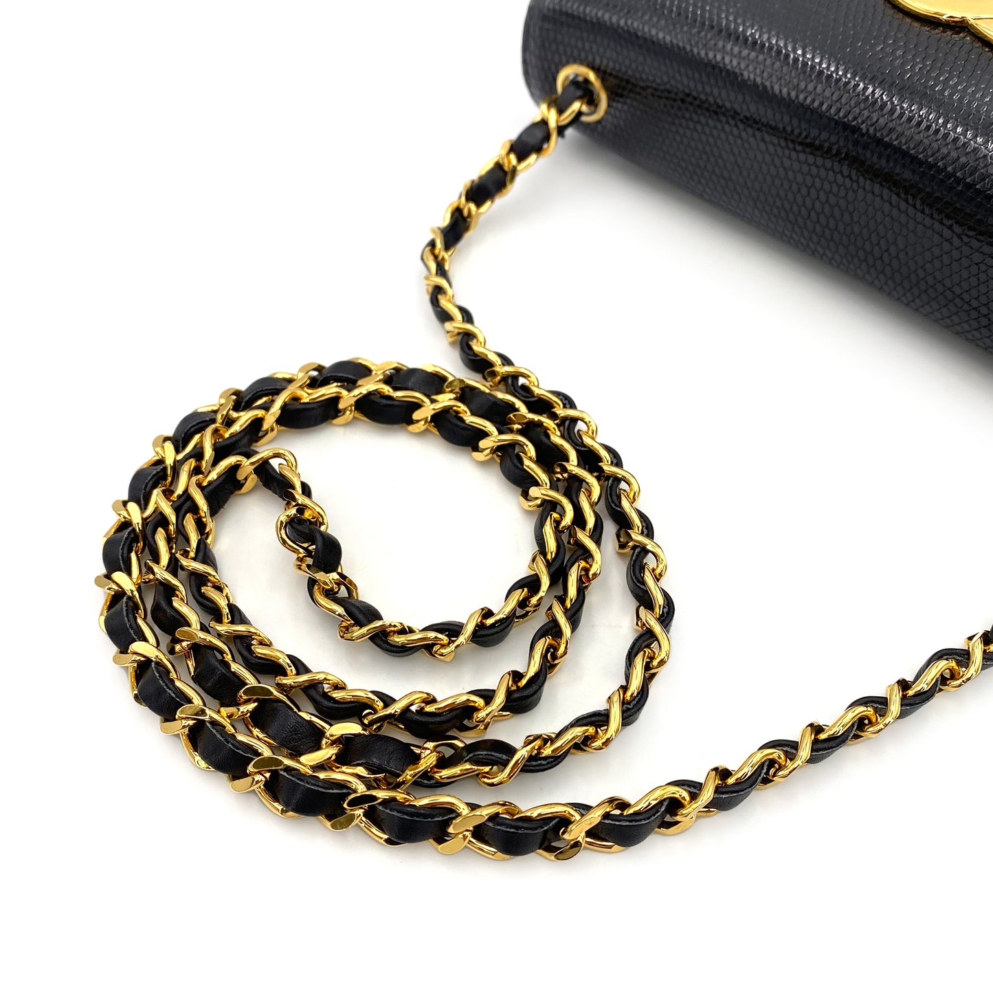 CHANEL VINTAGE BIG COCO CHAIN SHOULDER BAG BLACK LIZARD 90243228