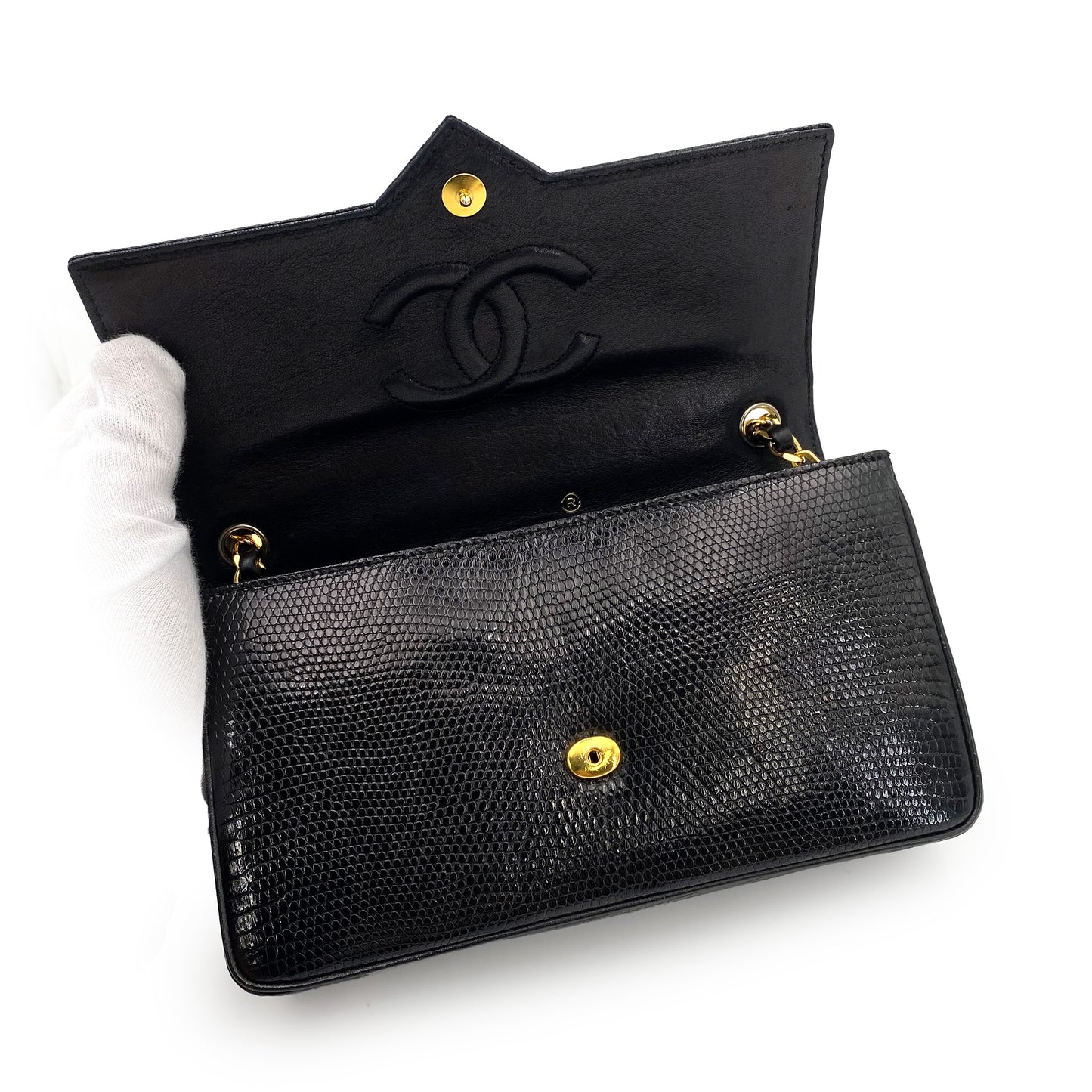 CHANEL VINTAGE BIG COCO CHAIN SHOULDER BAG BLACK LIZARD 90243228