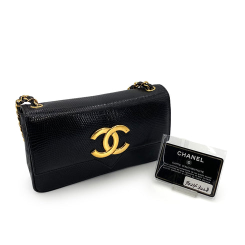 CHANEL VINTAGE BIG COCO CHAIN SHOULDER BAG BLACK LIZARD 90243228 - PURPOSE