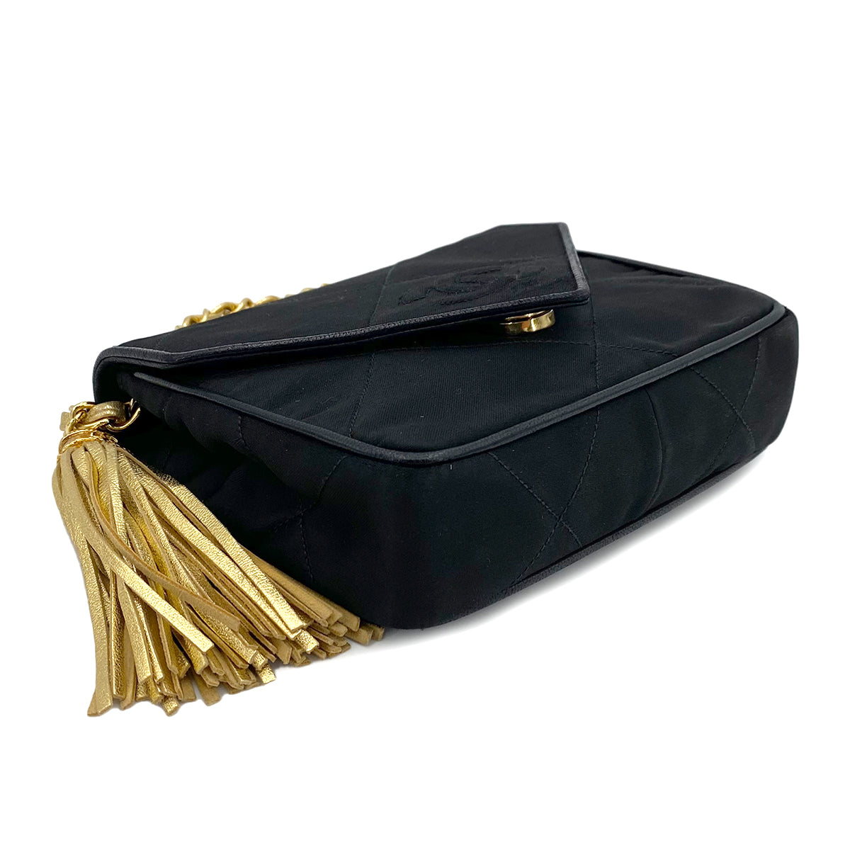 CHANEL VINTAGE FRINGE SHOULDER BAG BLACK SATIN 90243229