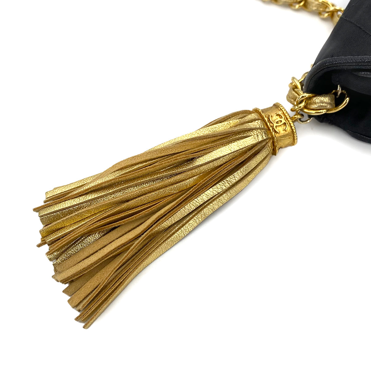 CHANEL VINTAGE FRINGE SHOULDER BAG BLACK SATIN 90243229