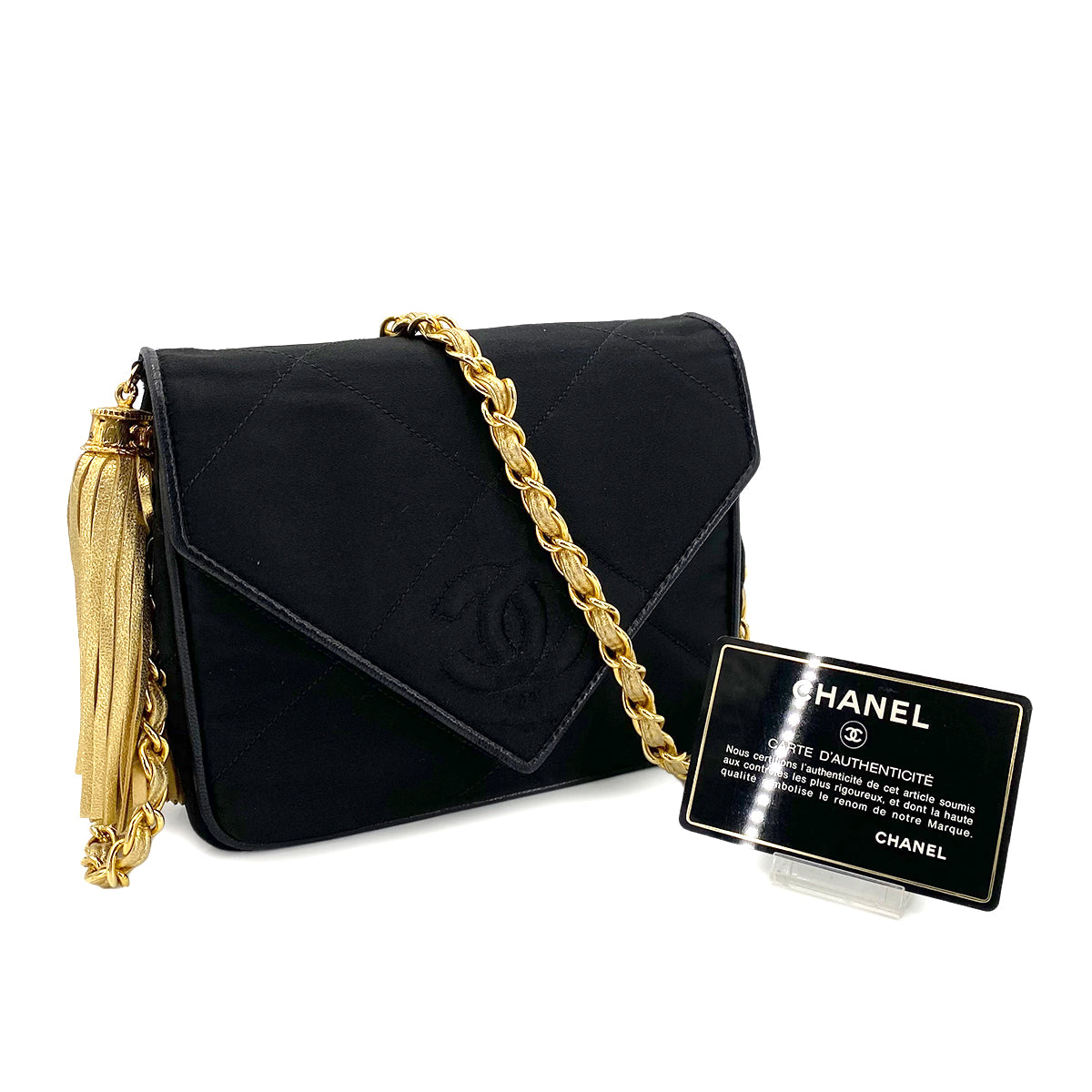 CHANEL VINTAGE FRINGE SHOULDER BAG BLACK SATIN 90243229