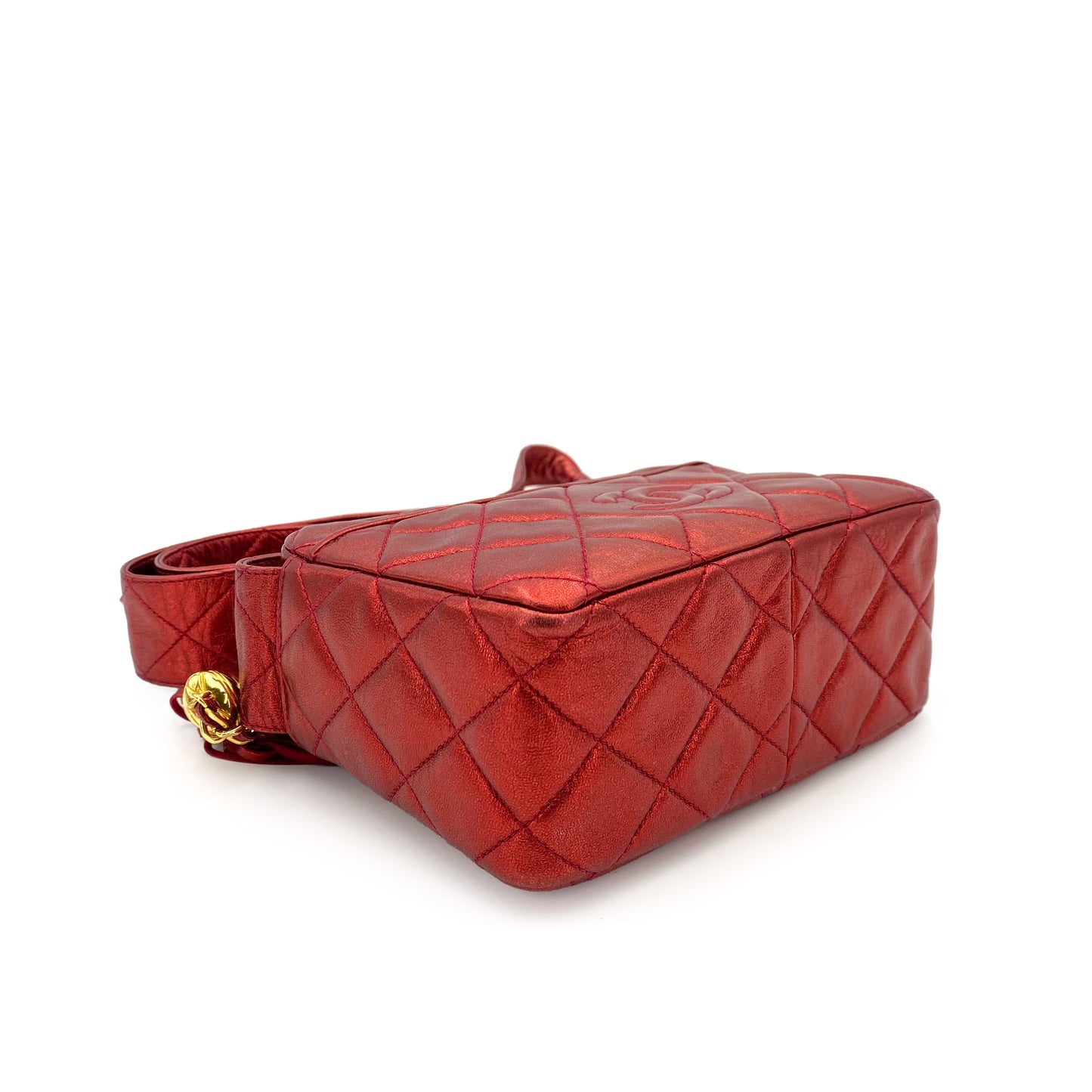 CHANEL VINTAGE MATELASSE FRINGE SHOULDER BAG METALLIC RED LAMB SKIN 90243230