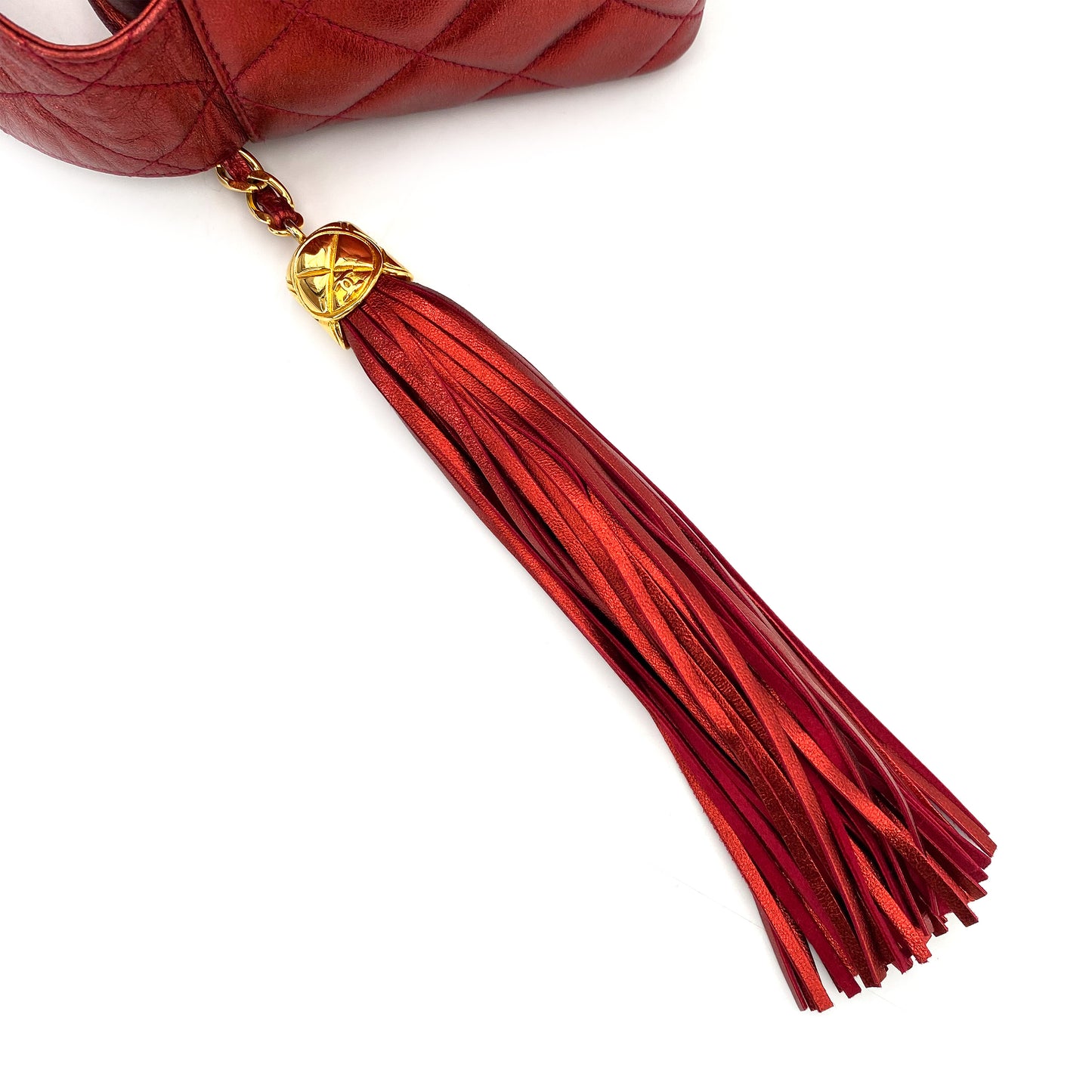 CHANEL VINTAGE MATELASSE FRINGE SHOULDER BAG METALLIC RED LAMB SKIN 90243230