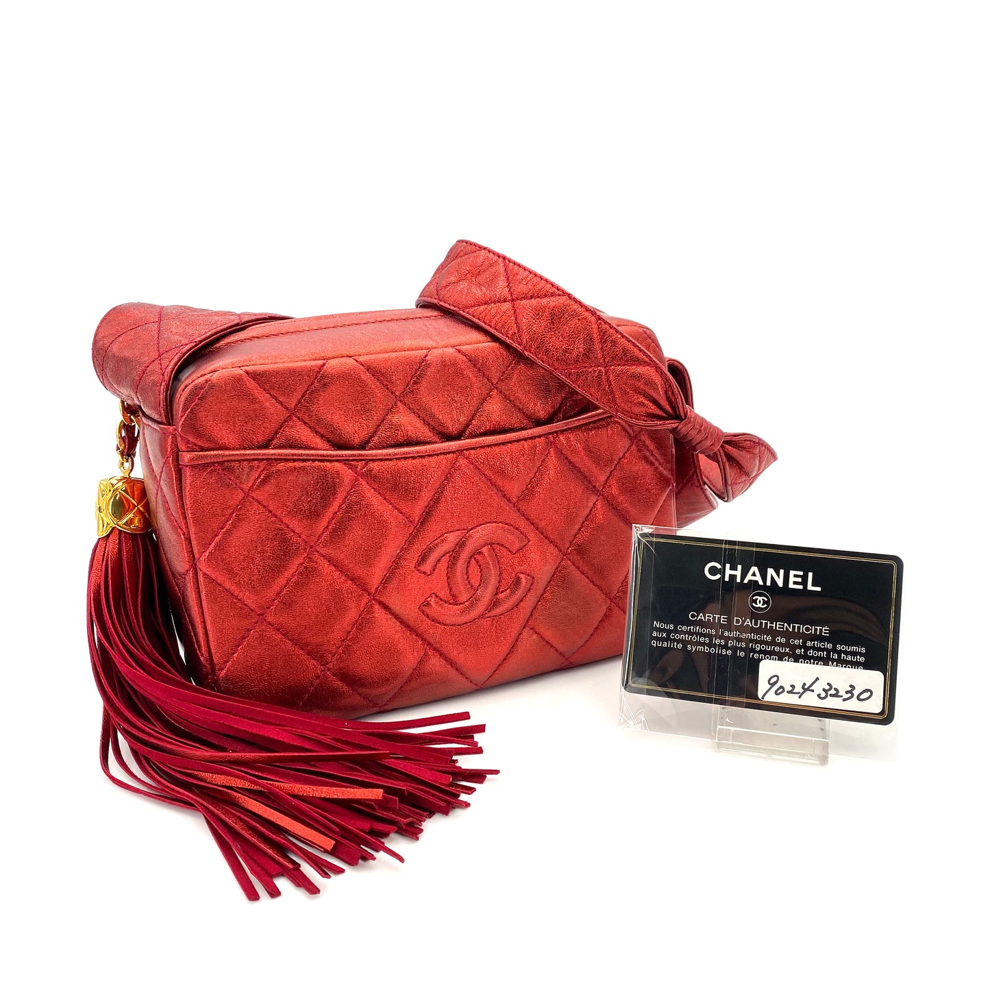 CHANEL VINTAGE MATELASSE FRINGE SHOULDER BAG METALLIC RED LAMB SKIN 90243230