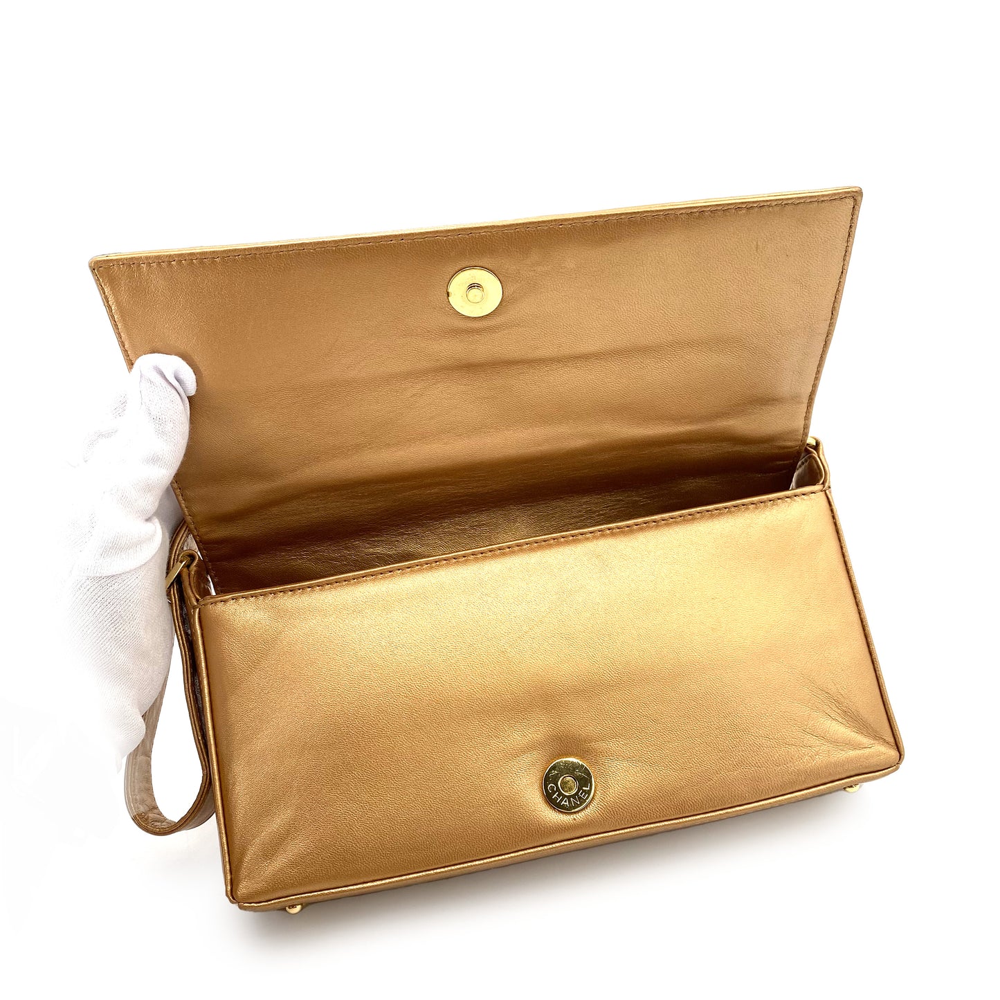 CHANEL VINTAGE CHOCOLATE BAR SHOULDER BAG CHAMPANGNE GOLD LAMB SKIN 90243237