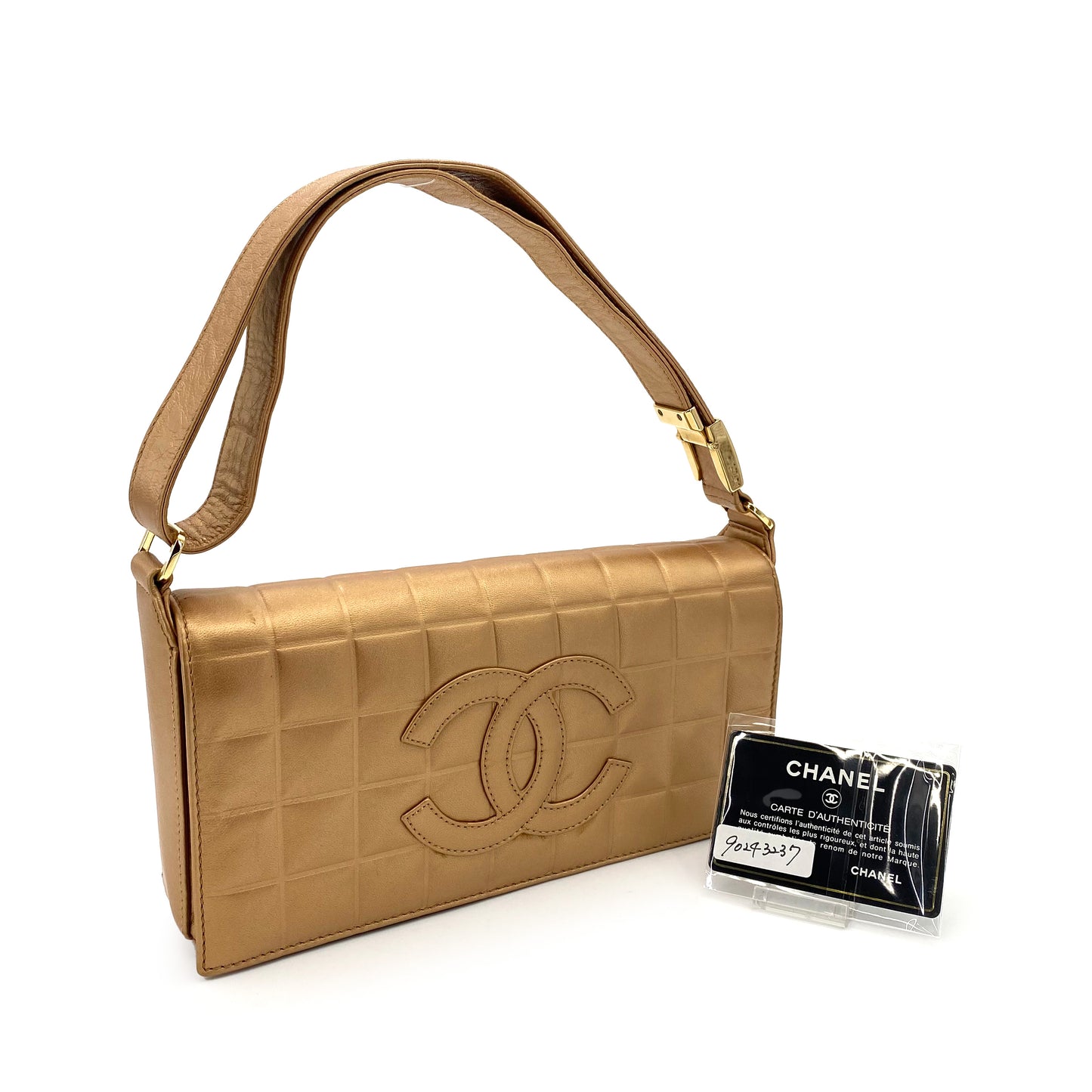 CHANEL VINTAGE CHOCOLATE BAR SHOULDER BAG CHAMPANGNE GOLD LAMB SKIN 90243237