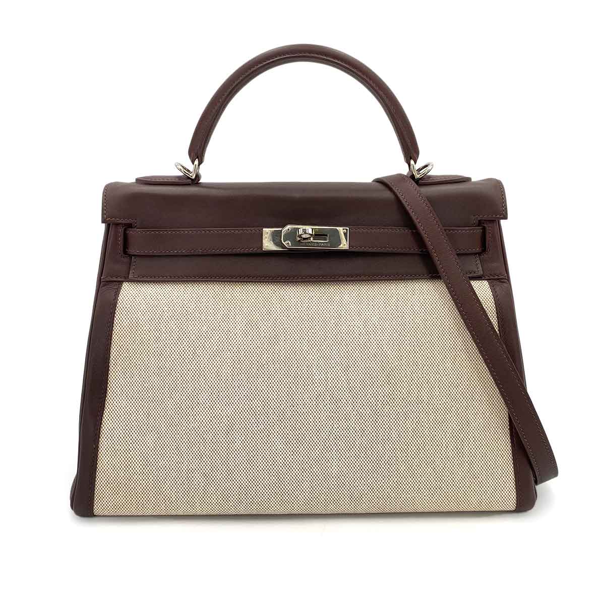 HERMES KELLY 32 CHOCOLATE TOILE SWIFT HAND SHOULDER BAG □K 90243243