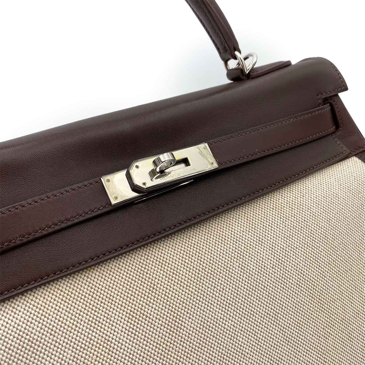 HERMES KELLY 32 CHOCOLATE TOILE SWIFT HAND SHOULDER BAG □K 90243243