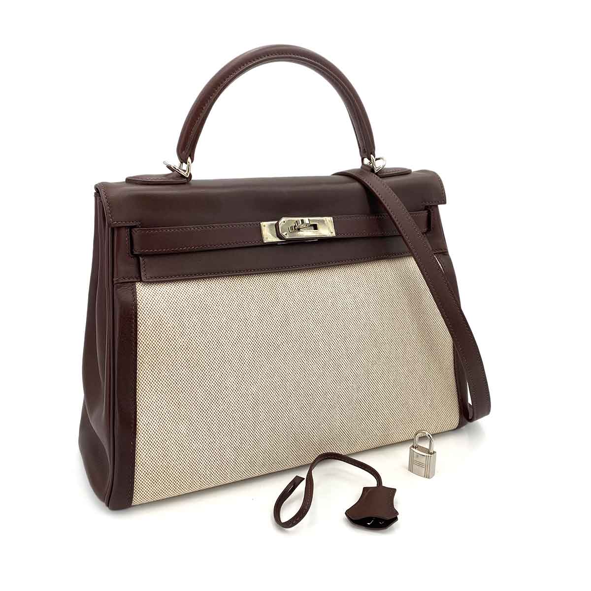 HERMES KELLY 32 CHOCOLATE TOILE SWIFT HAND SHOULDER BAG □K 90243243