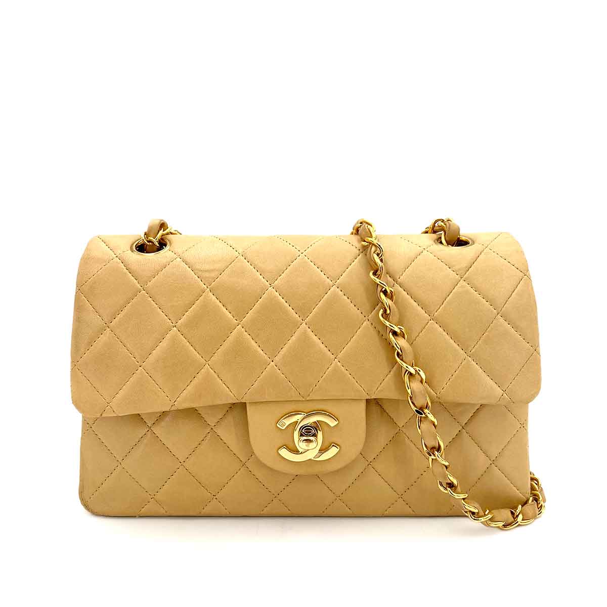 CHANEL VINTAGE CLASSIC FLAP SMALL CHAIN SHOULDER BAG BEIGE LAMB SKIN 90243257