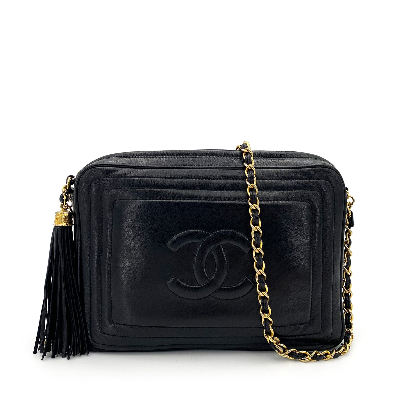 CHANEL VINTAGE FRINGE CHAIN SHOULDER BAG BLACK LAMB SKIN 90243352