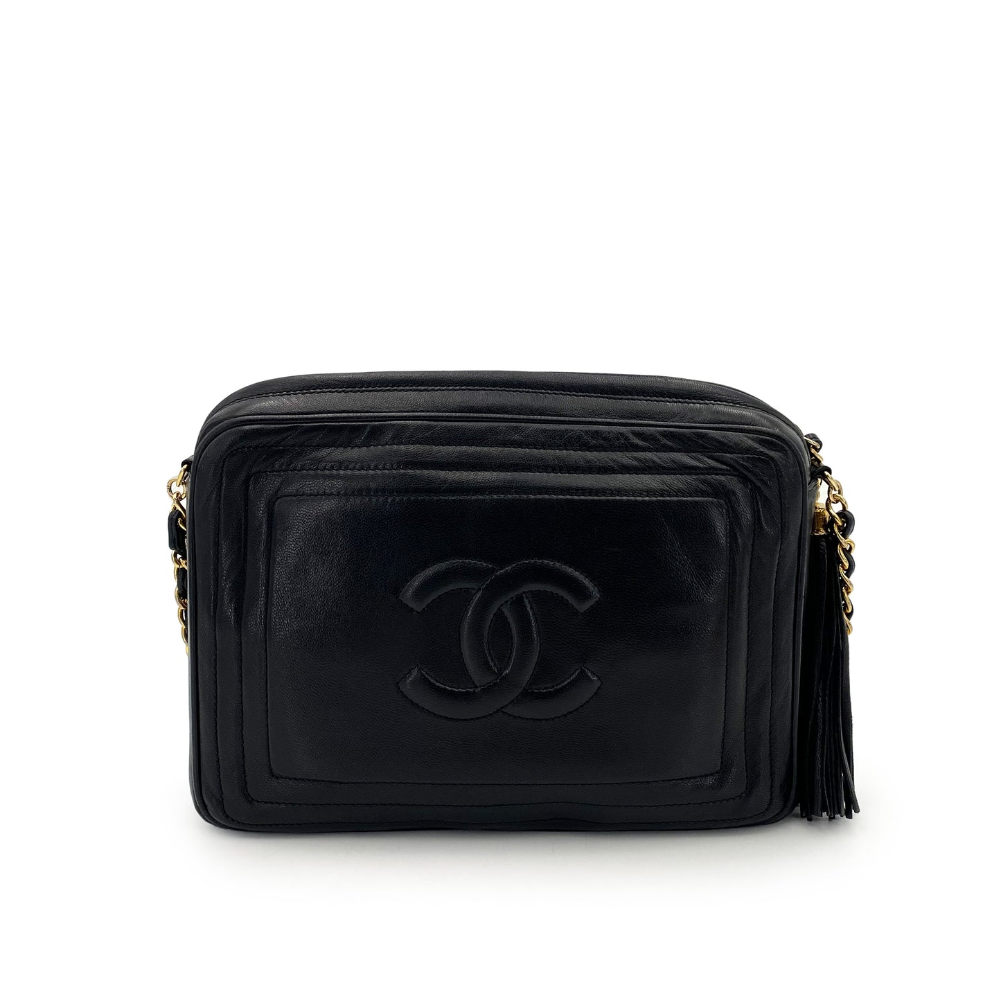 CHANEL VINTAGE FRINGE CHAIN SHOULDER BAG BLACK LAMB SKIN 90243352