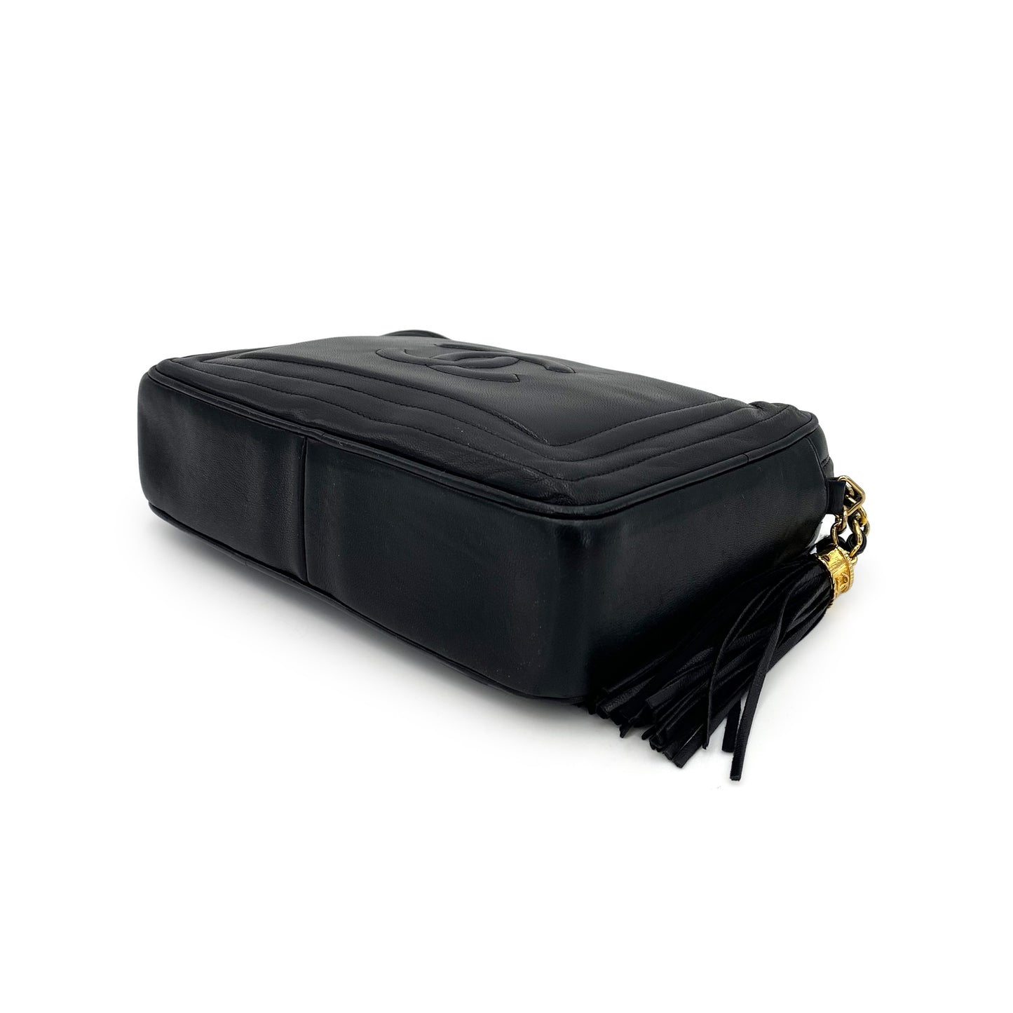 CHANEL VINTAGE FRINGE CHAIN SHOULDER BAG BLACK LAMB SKIN 90243352
