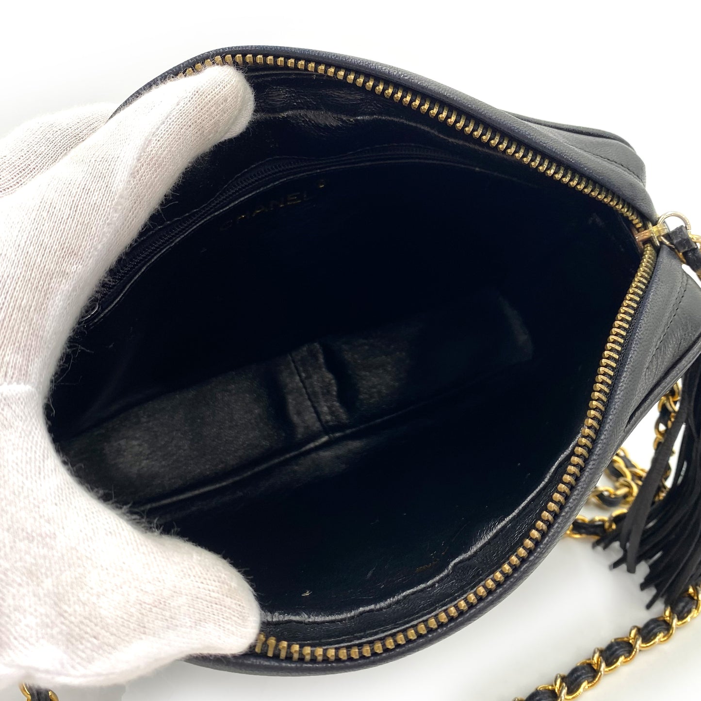 CHANEL VINTAGE FRINGE CHAIN SHOULDER BAG BLACK LAMB SKIN 90243352