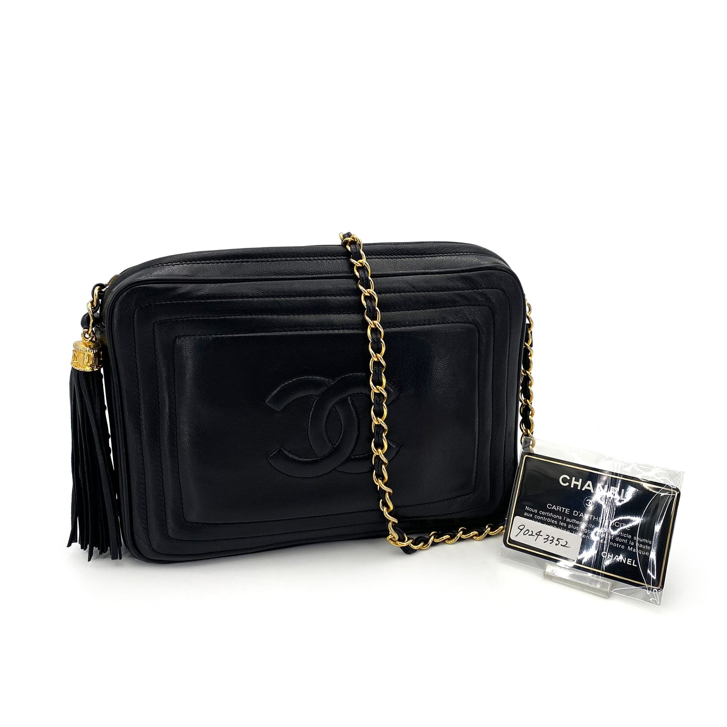 CHANEL VINTAGE FRINGE CHAIN SHOULDER BAG BLACK LAMB SKIN 90243352
