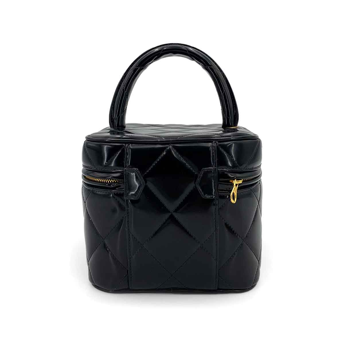CHANEL VINTAGE VANITY HEART MIRROR HAND BAG BLACK ENAMEL 90243361
