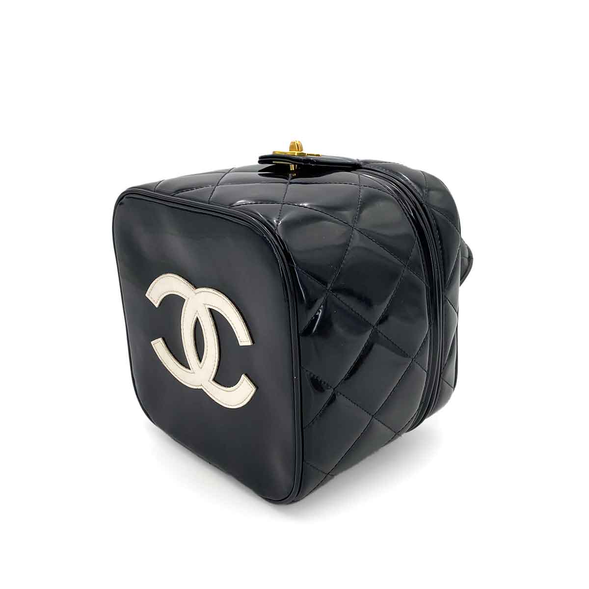 CHANEL VINTAGE VANITY HEART MIRROR HAND BAG BLACK ENAMEL 90243361