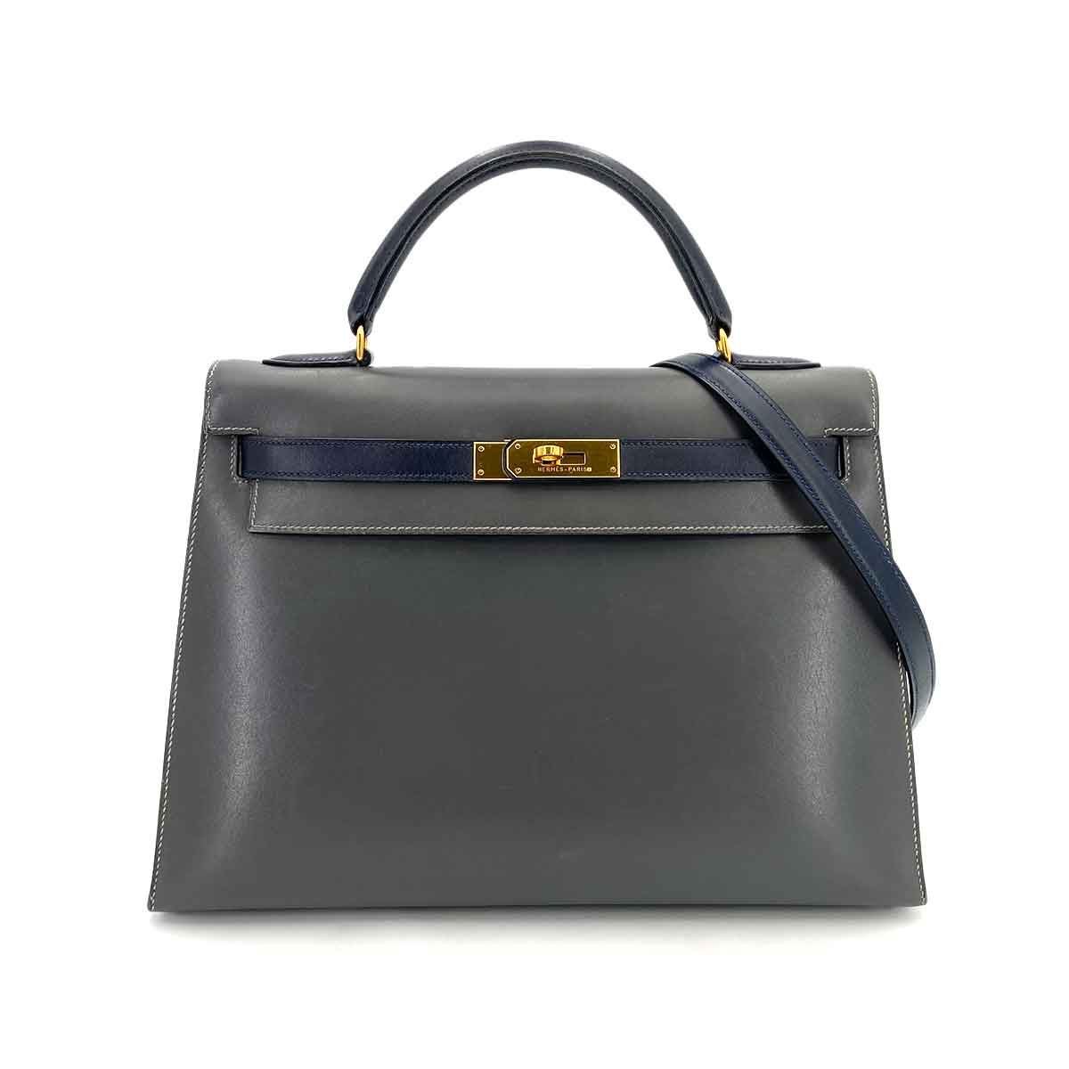 HERMES KELLY 32 SELLIER GRAY NAVY BOXCALF HAND BAG 〇W 90243430